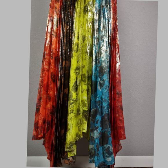 ALICE + OLIVIA Mertie Mock Neck Pleated Silk-Blend Maxi Striped Dress Size 8 - Picture 13 of 16